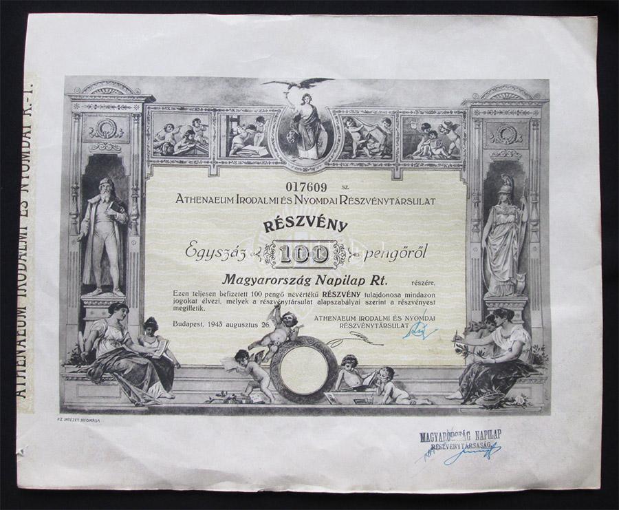 Athenaeum Irodalmi �s Nyomdai r�szv�ny 100 peng� 1943